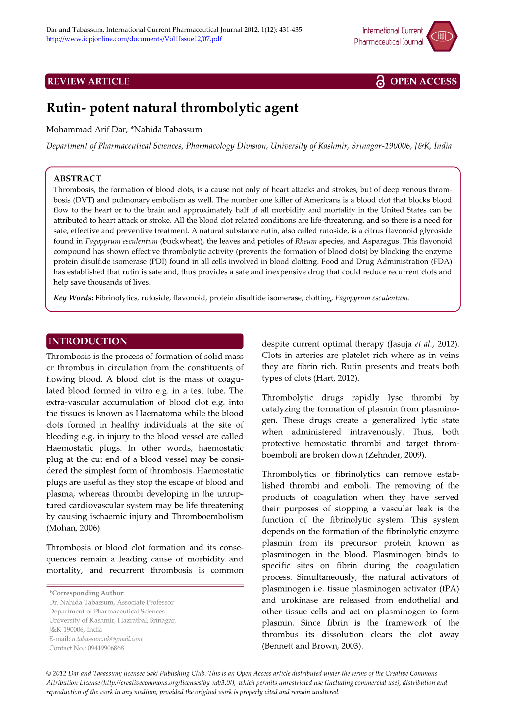 Rutin- Potent Natural Thrombolytic Agent