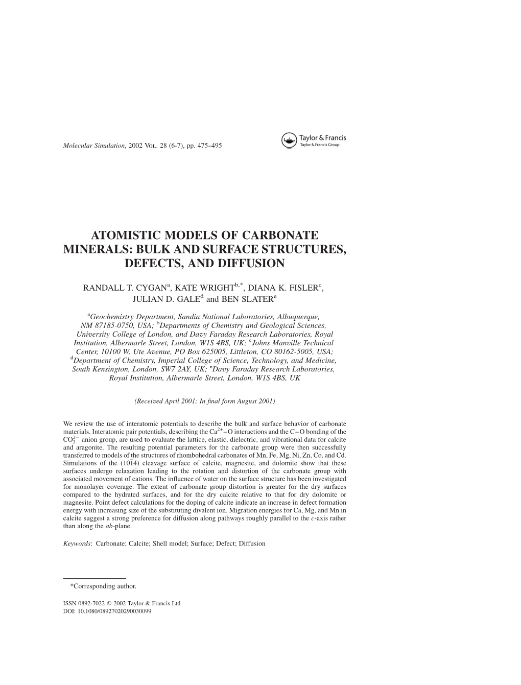 Atomistic Models of Carbonate Minerals: Bulk and Surface Structures, Defects, and Diffusion