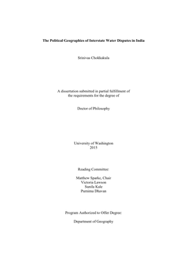 The Political Geographies of Interstate Water Disputes in India Srinivas