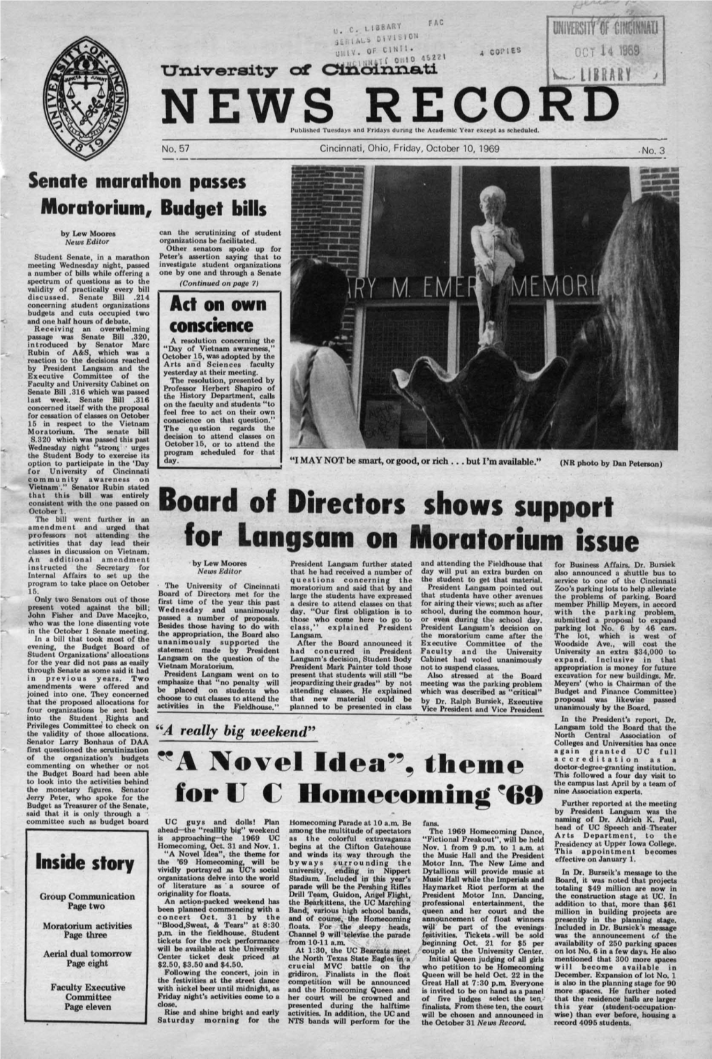 University of Cincinnati News Record. Friday, October 10, 1969. Vol. LVII, No. 3
