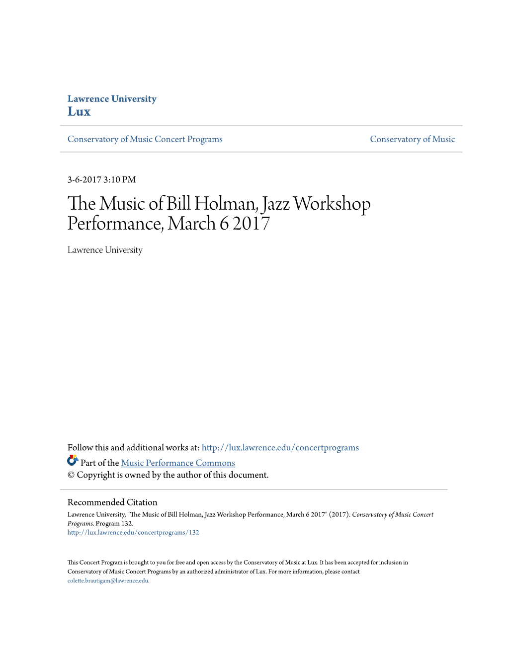 The Music of Bill Holman, Jazz Workshop Performance, March 6