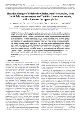 Elevation Change of Fedchenko Glacier, Pamir Mountains, from GNSS Field Measurements and Tandem-X Elevation Models, with a Focus on the Upper Glacier
