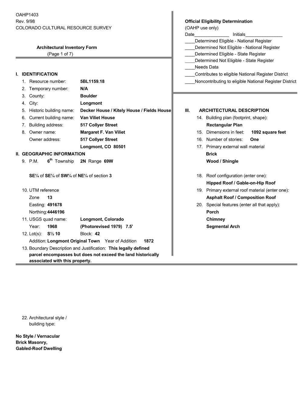 OAHP1403 Rev. 9/98 Official Eligibility Determination COLORADO