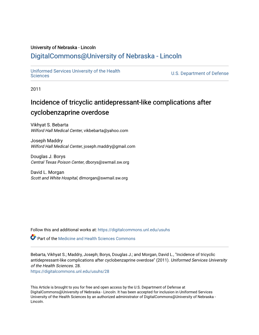 Incidence of Tricyclic Antidepressant-Like Complications After Cyclobenzaprine Overdose