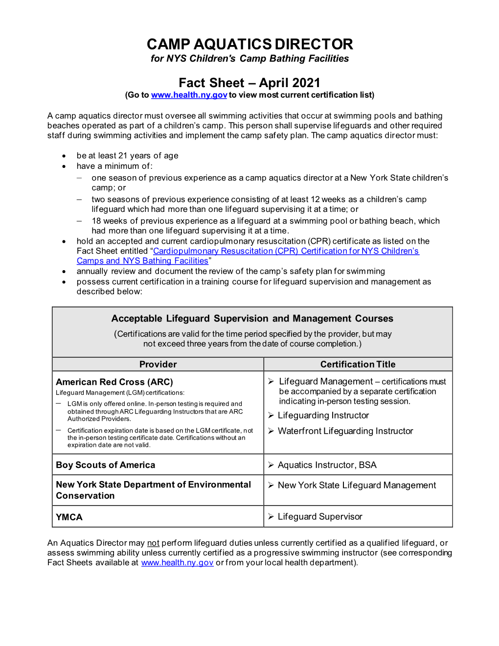 Camp Fact Sheets for Staff Certifications 2021