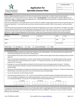 Application for Specialty License Plate (Form VTR-999)