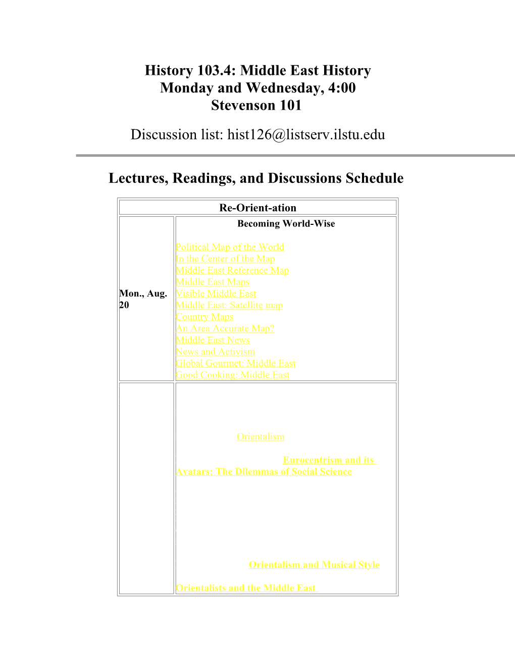 Lectures, Readings, and Discussions Schedule