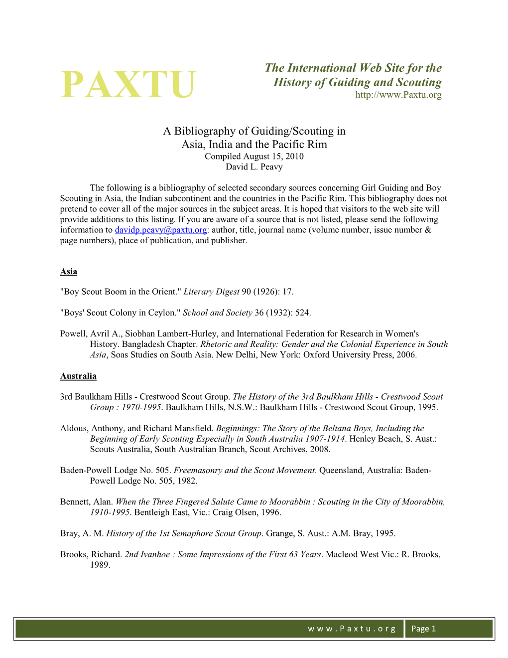 The International Web Site for the History of Guiding and Scouting PAXTU