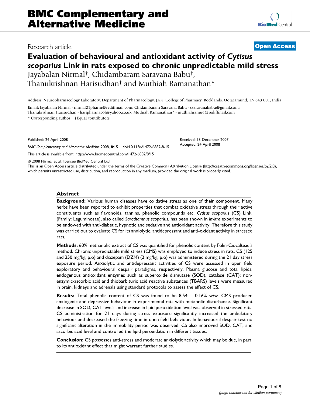 Evaluation of Behavioural and Antioxidant Activity of Cytisus