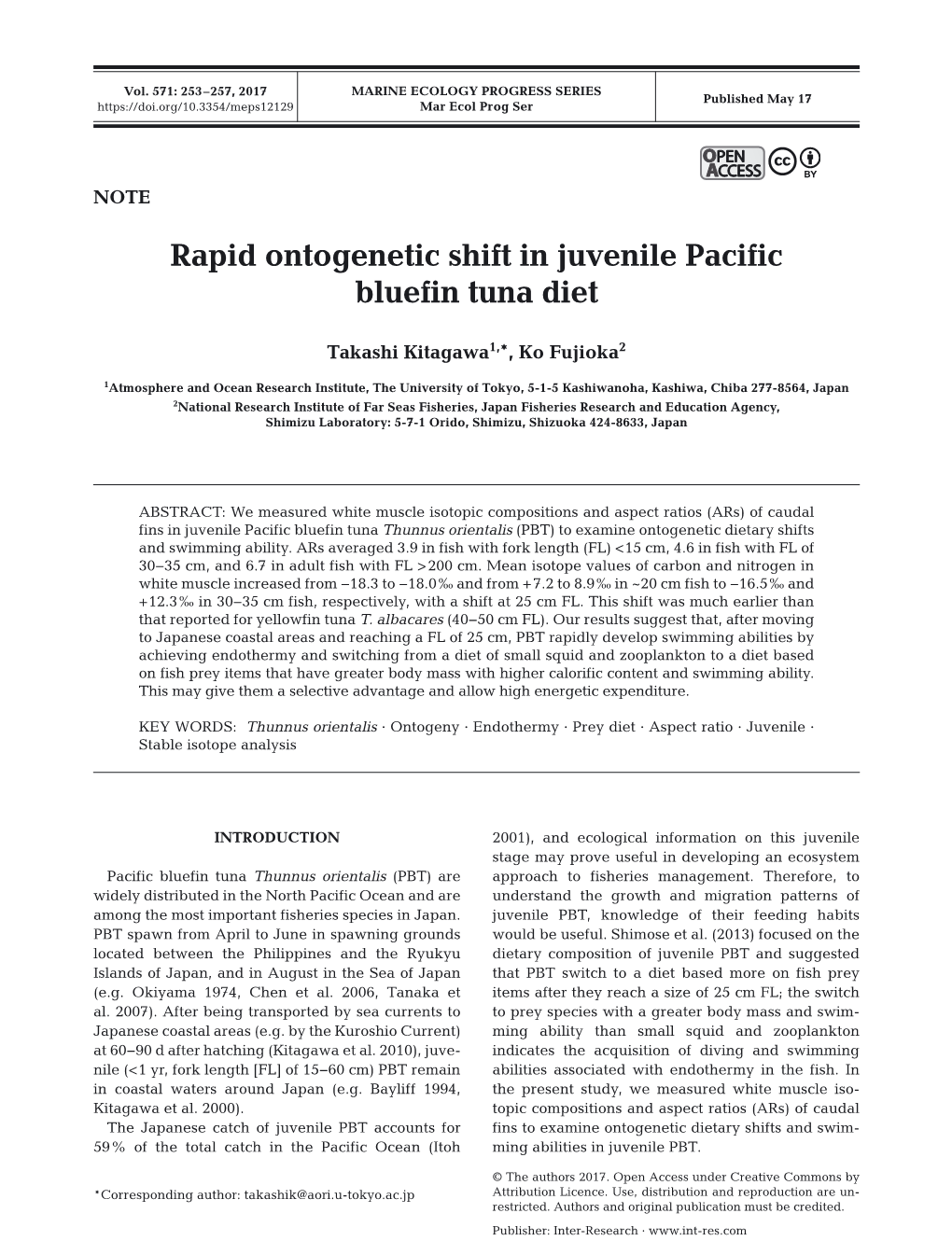 Rapid Ontogenetic Shift in Juvenile Pacific Bluefin Tuna Diet