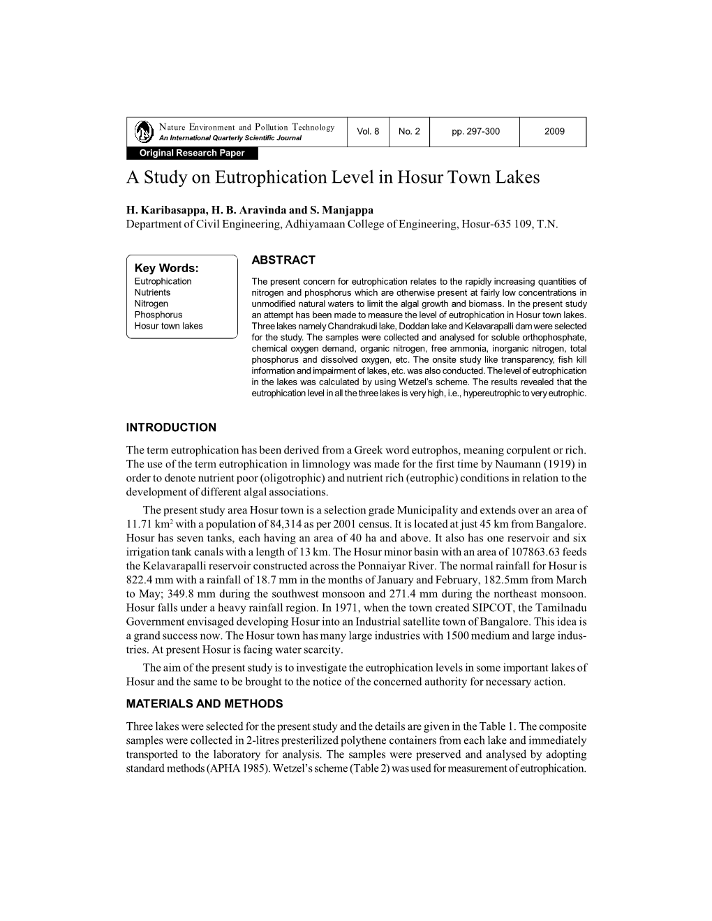 A Study on Eutrophication Level in Hosur Town Lakes