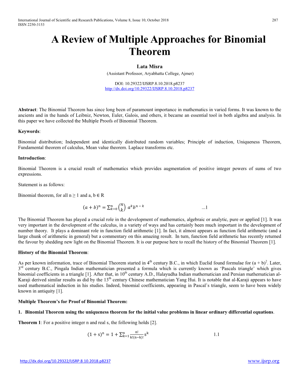A Review of Multiple Approaches for Binomial Theorem