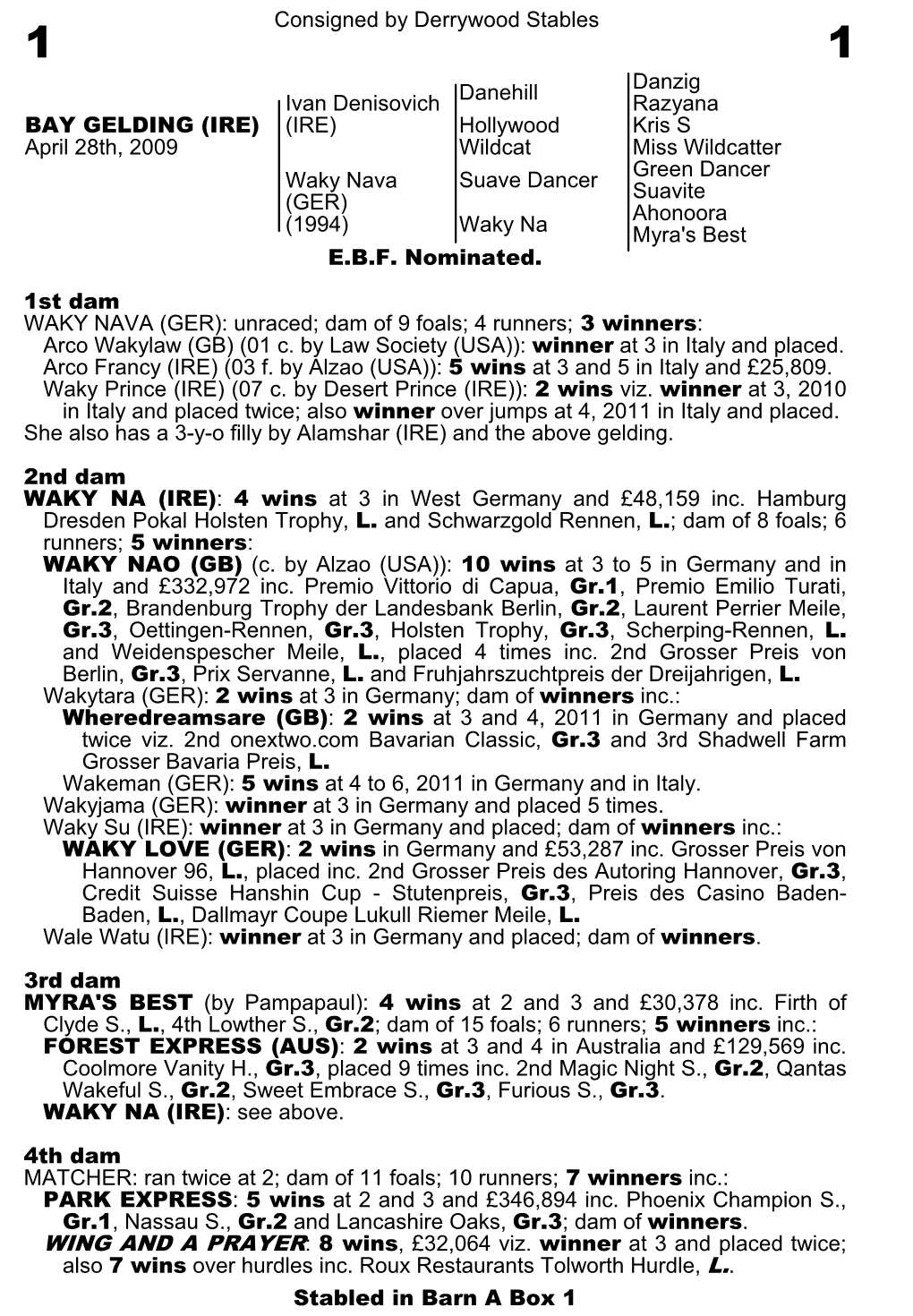 Consigned by Derrywood Stables Danehill Danzig Razyana