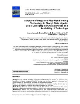 Adoption of Integrated Rice-Fish Farming Technology in Ebonyi State Nigeria: Socio-Demographic Characteristics and Availability of Technology