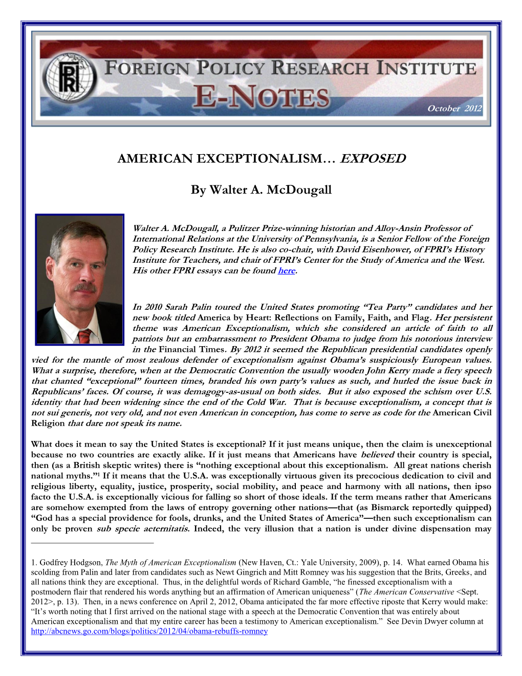 AMERICAN EXCEPTIONALISM… EXPOSED by Walter A. Mcdougall