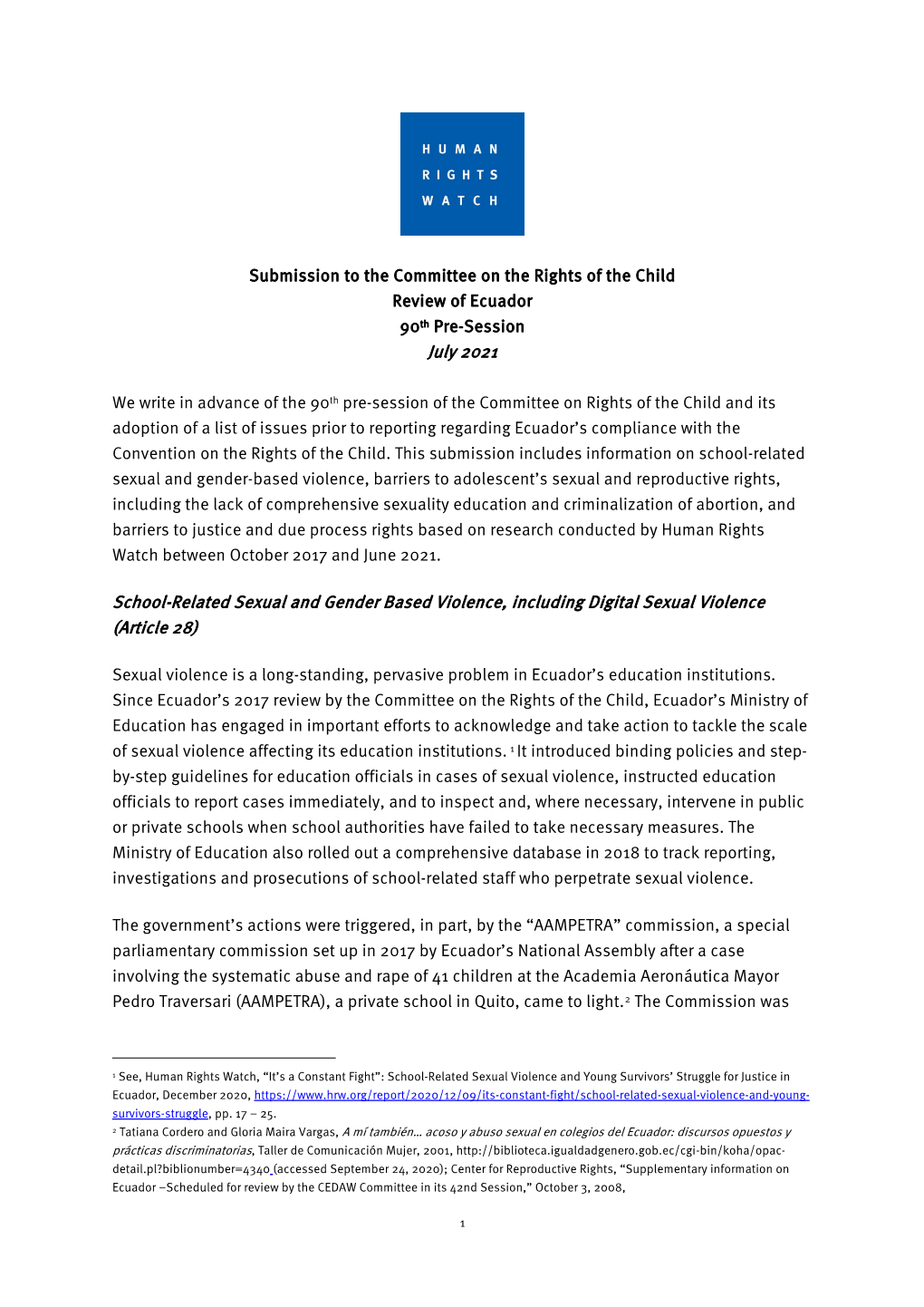 Submission to the Committee on the Rights of the Child Review of Ecuador 90Th Pre-Session July 2021