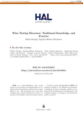 Wine Tasting Discourse: Traditional Knowledge, and Practice Kilien Stengel, Angelica-Helena Marinescu