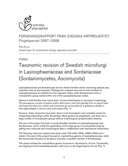 Taxonomic Revision of Swedish Microfungi in Lasiosphaeriaceae and Sordariaceae (Sordariomycetes, Ascomycota)