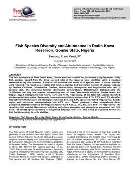 Fish Species Diversity and Abundance in Dadin Kowa Reservoir, Gombe State, Nigeria