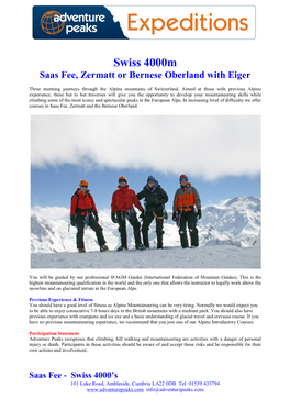 Swiss 4000M Saas Fee, Zermatt Or Bernese Oberland with Eiger