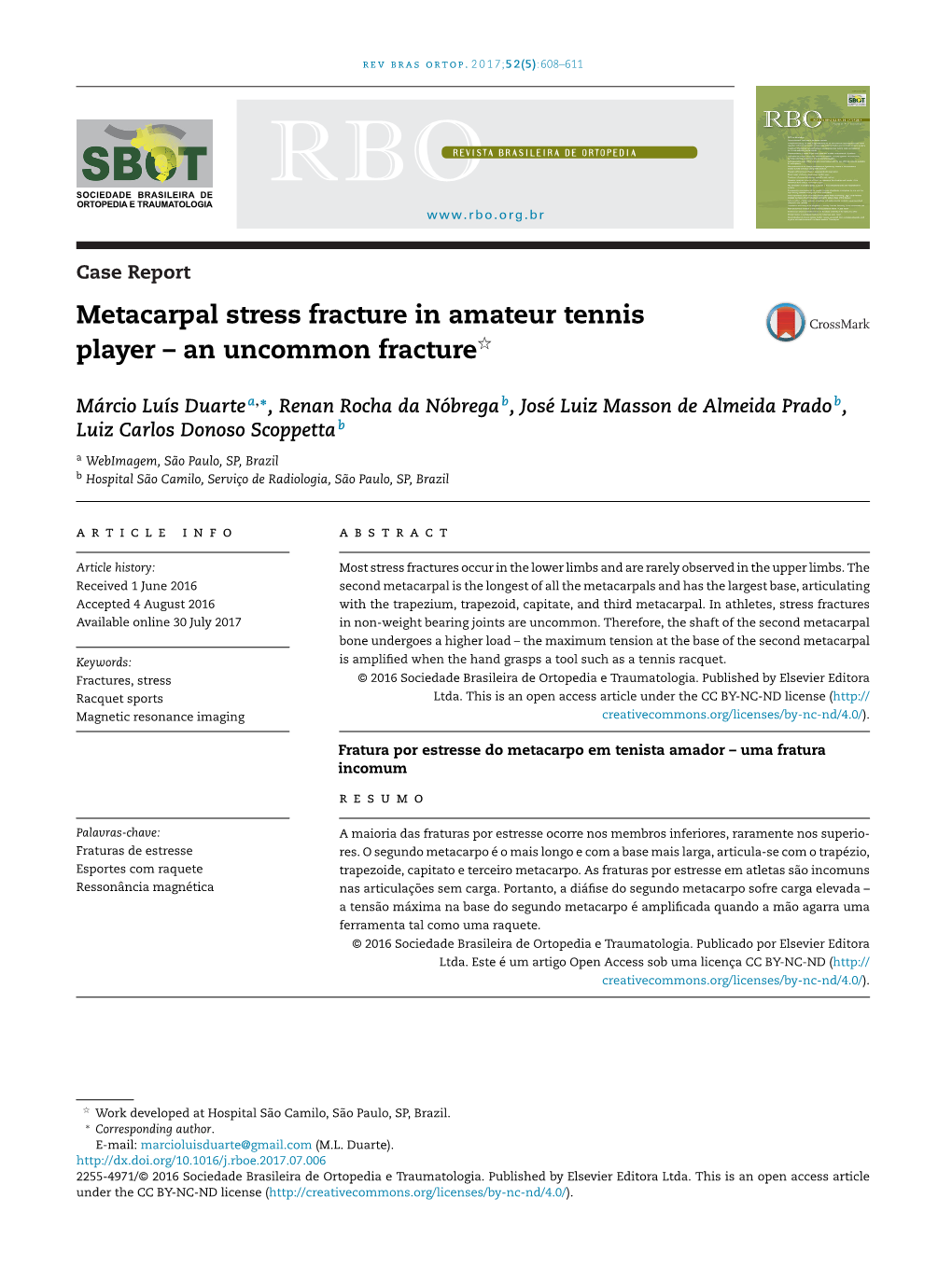 Metacarpal Stress Fracture in Amateur Tennis Player