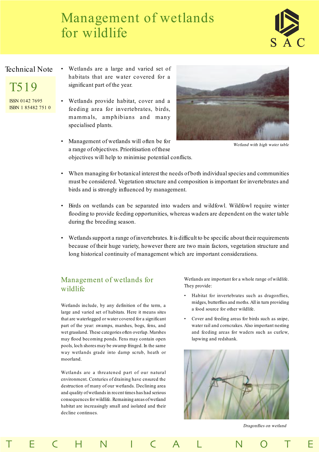 Management of Wetlands for Wildlife S a C