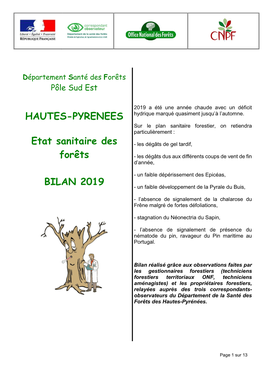 HAUTES-PYRENEES Etat Sanitaire Des Forêts BILAN 2019