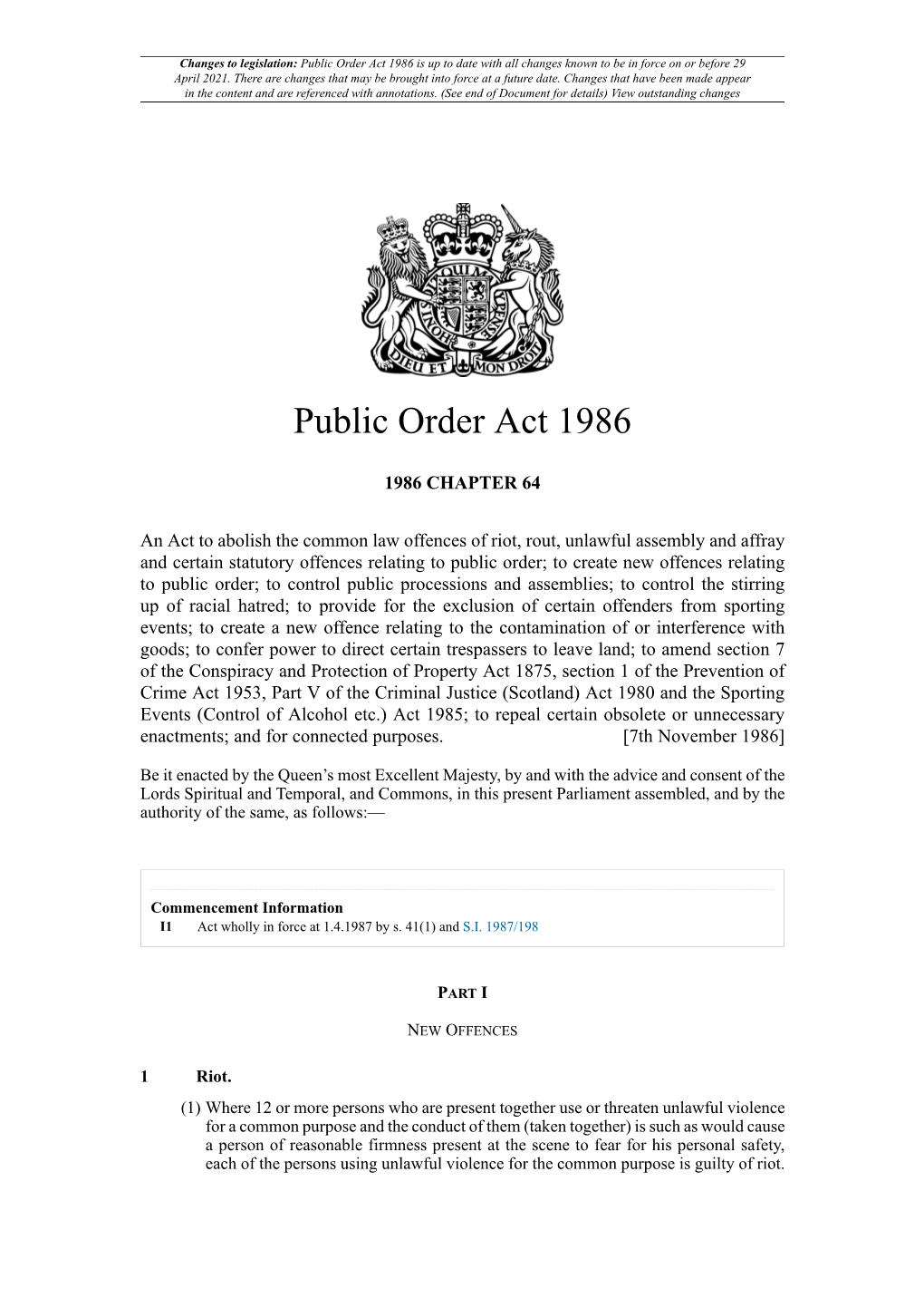 Public Order Act 1986 Is up to Date with All Changes Known to Be in Force on Or Before 29 April 2021