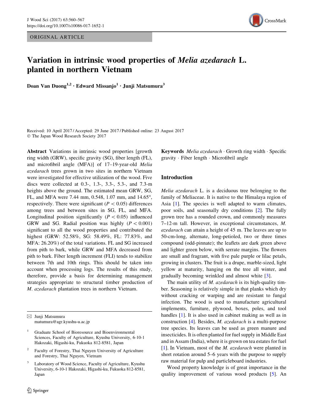 Variation in Intrinsic Wood Properties of Melia Azedarach L. Planted in Northern Vietnam