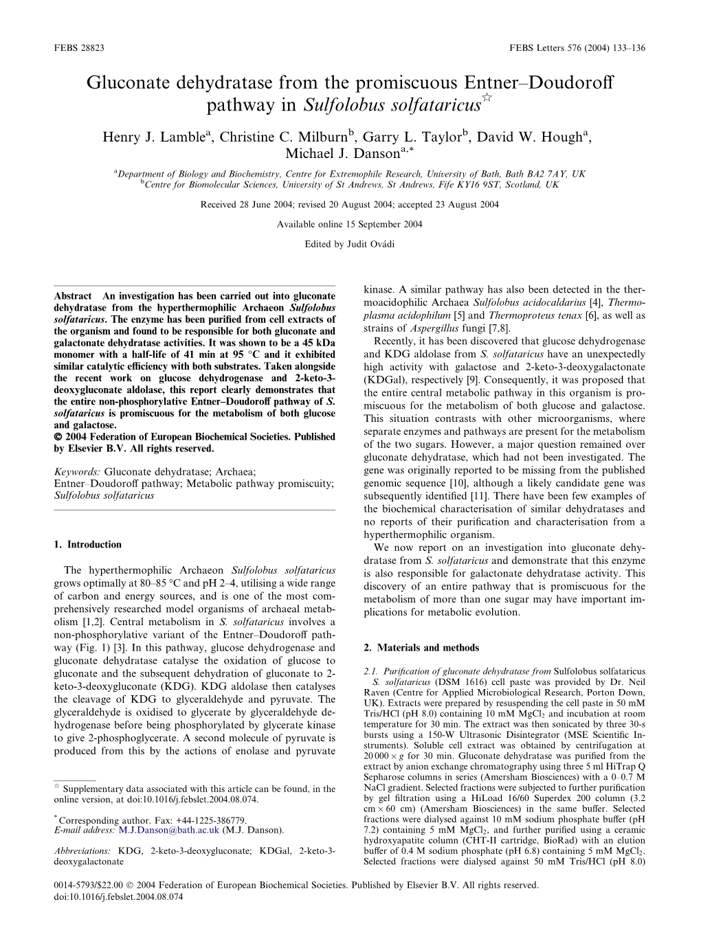 Gluconate Dehydratase from the Promiscuous Entner–Doudoroff