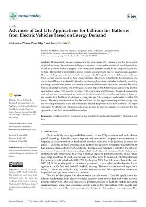 Advances of 2Nd Life Applications for Lithium Ion Batteries from Electric Vehicles Based on Energy Demand