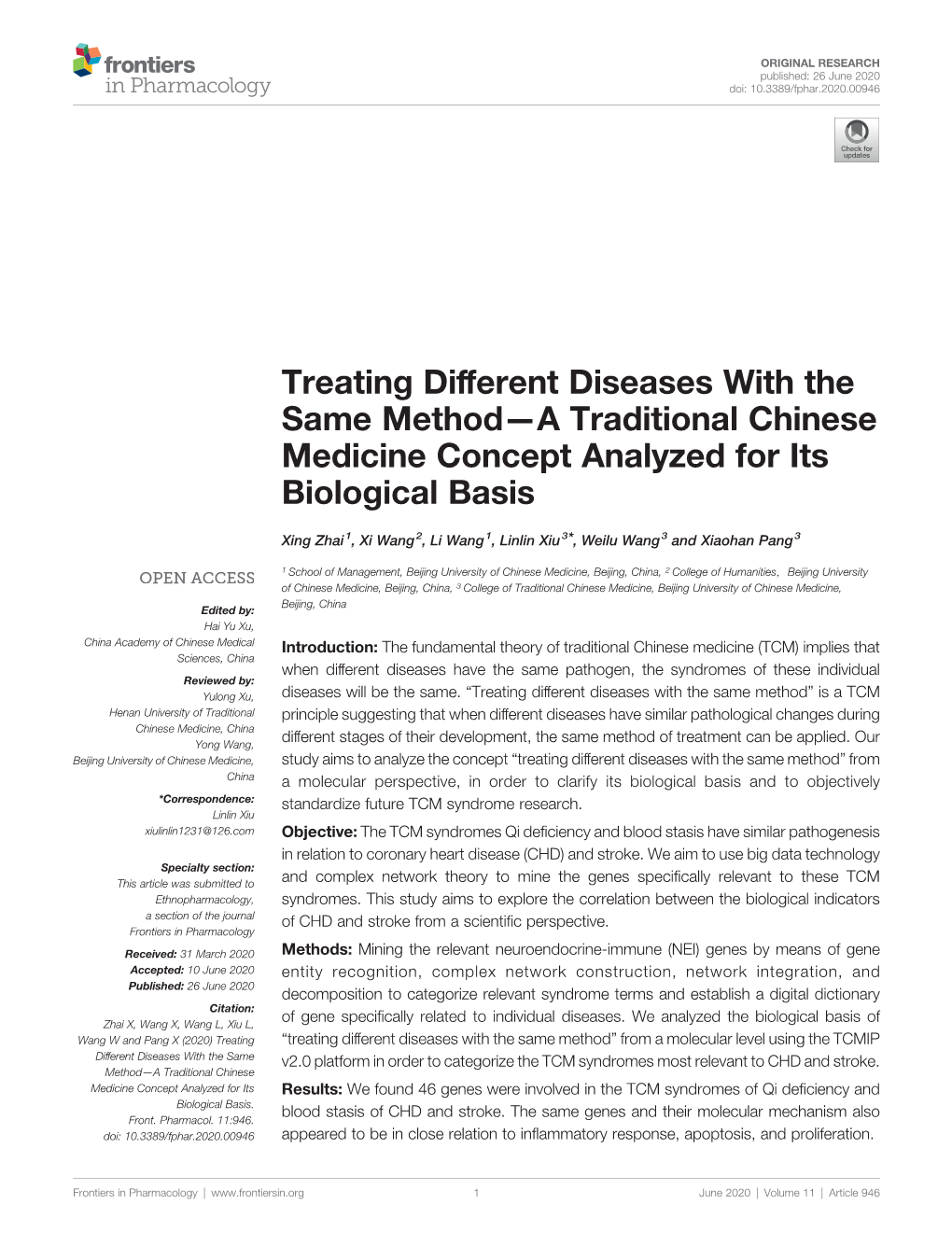 Treating Different Diseases with the Same Method—A Traditional Chinese Medicine Concept Analyzed for Its Biological Basis