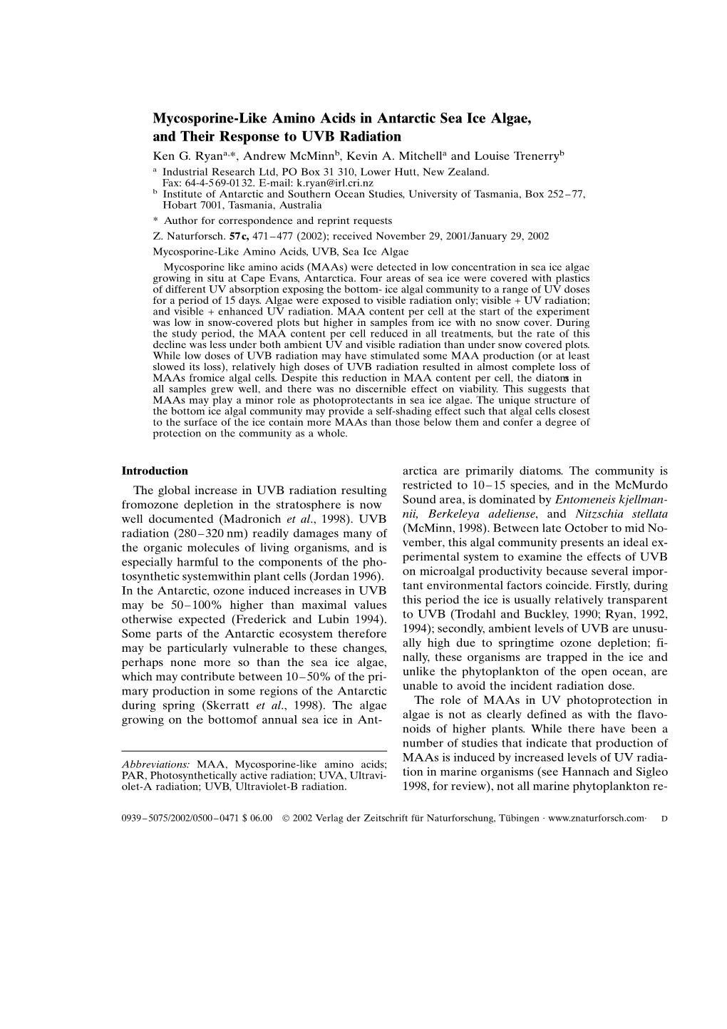 Mycosporine-Like Amino Acids in Antarctic Sea Ice Algae, and Their Response to UVB Radiation Ken G