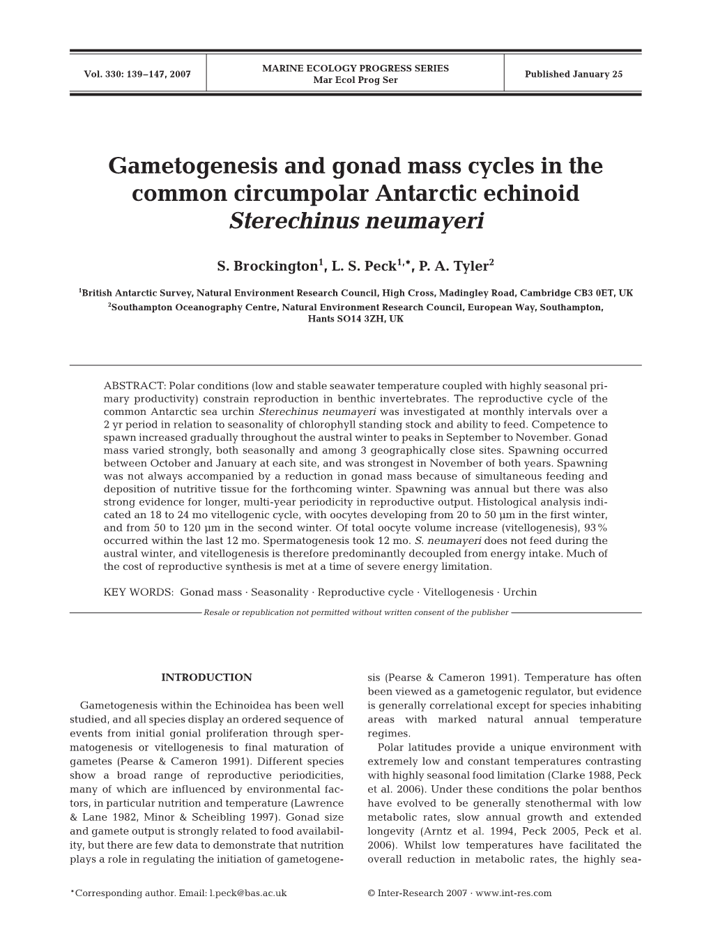 Gametogenesis and Gonad Mass Cycles in the Common Circumpolar Antarctic Echinoid Sterechinus Neumayeri
