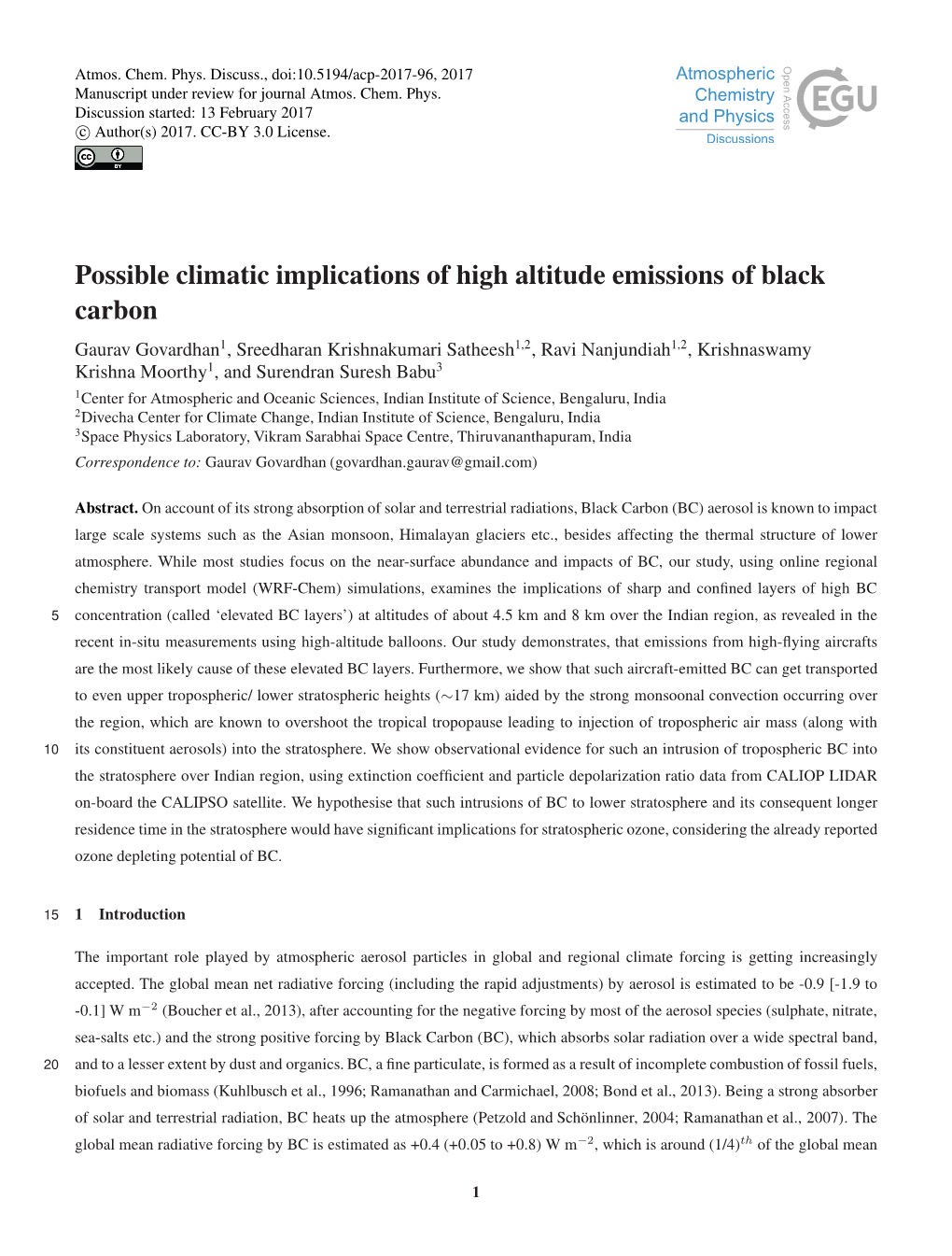 Possible Climatic Implications of High Altitude Emissions of Black Carbon