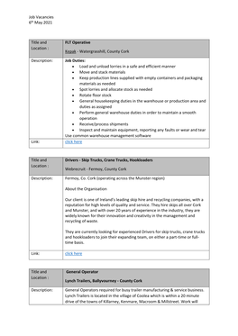 Job Vacancies 6Th May 2021 Title and Location : FLT Operative Kepak