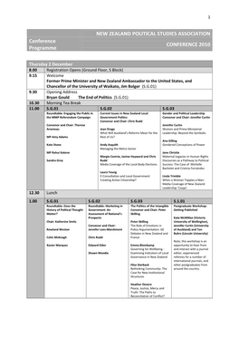 NEW ZEALAND POLITICAL STUDIES ASSOCIATION Conference CONFERENCE 2010 Programme