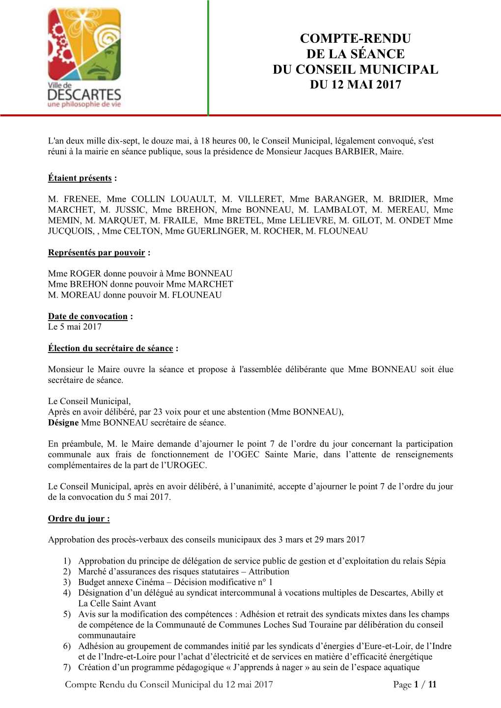 Compte-Rendu De La Séance Du Conseil Municipal