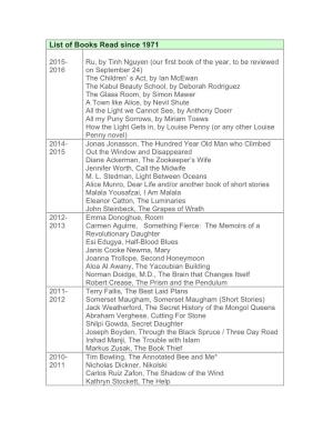 List of Books Read Since 1971