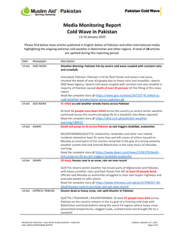 Media Monitoring Report Cold Wave in Pakistan 13-14 January 2020