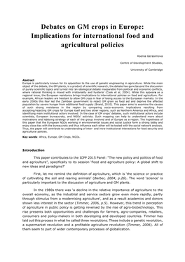 Debates on GM Crops in Europe: Implications for International Food and Agricultural Policies