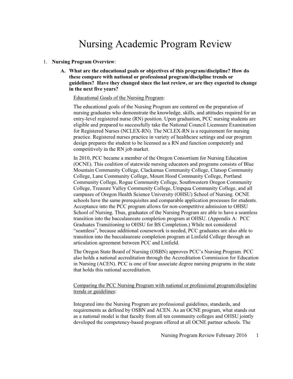 Nursing Academic Program Review