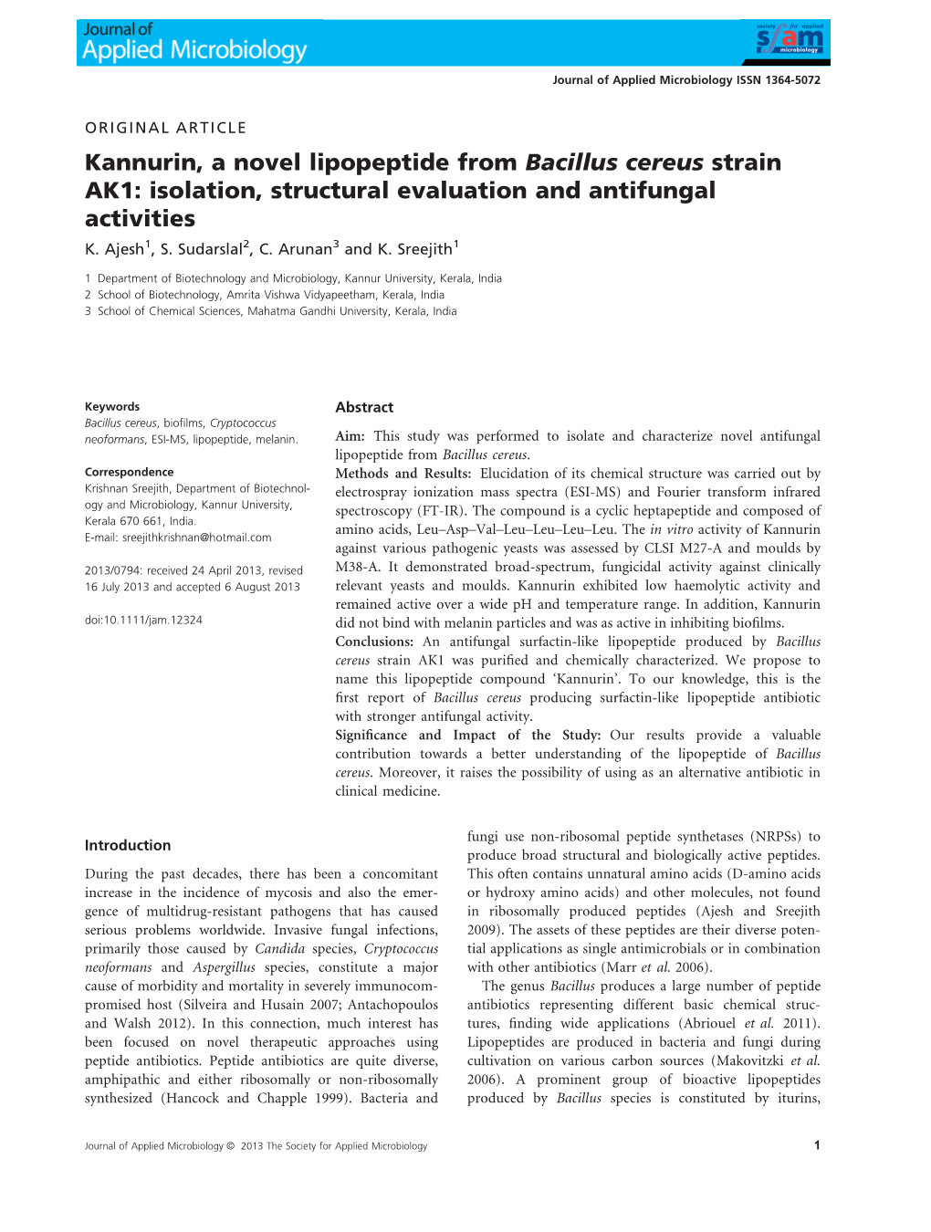 Kannurin, a Novel Lipopeptide from Bacillus Cereus Strain AK1: Isolation, Structural Evaluation and Antifungal Activities K