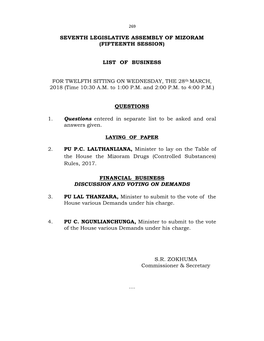 Seventh Legislative Assembly of Mizoram (Fifteenth Session)