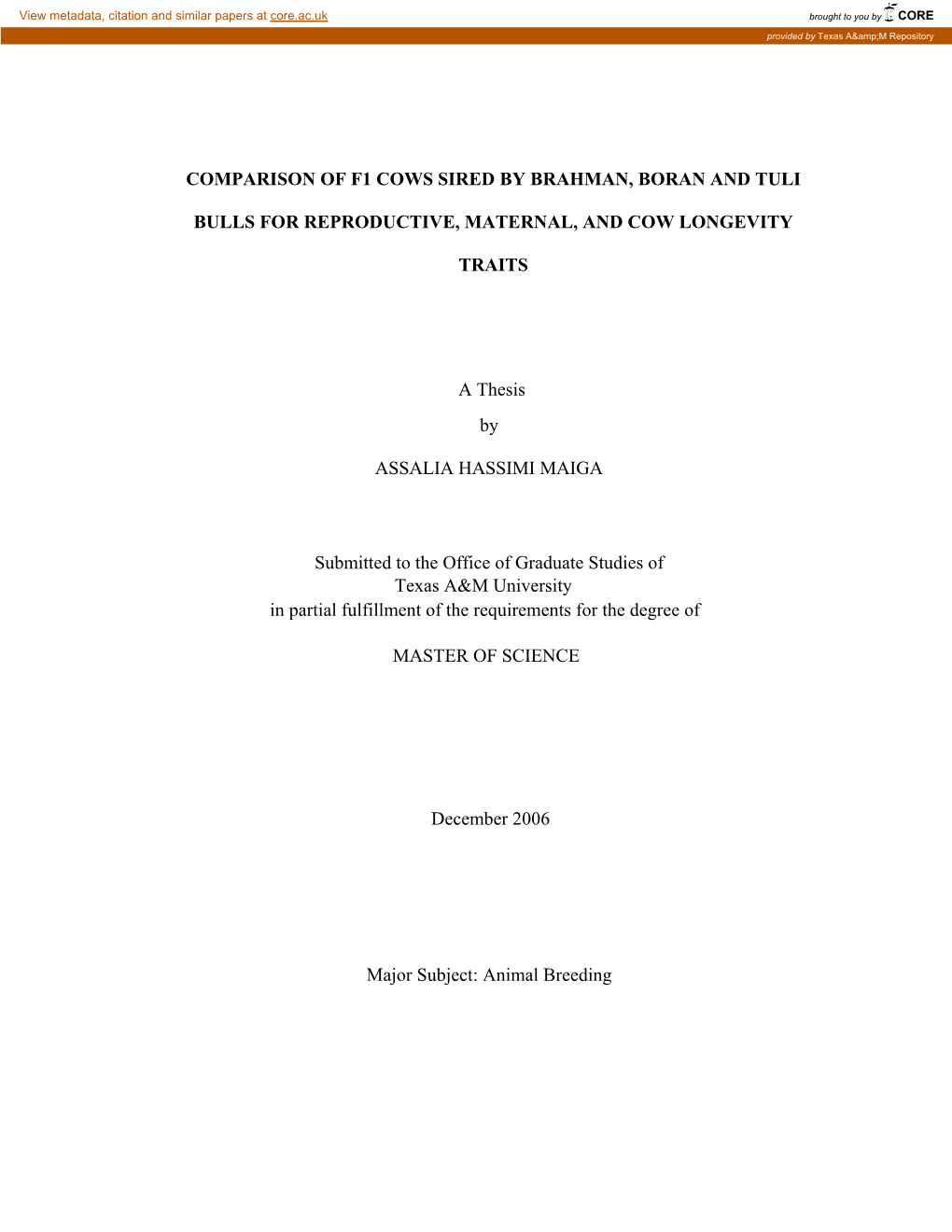 Comparison of F1 Cows Sired by Brahman, Boran and Tuli