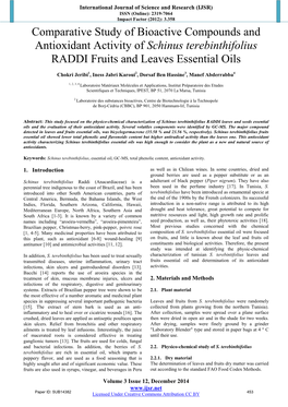 Comparative Study of Bioactive Compounds and Antioxidant Activity of Schinus Terebinthifolius RADDI Fruits and Leaves Essential Oils