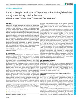 Evaluation of O2 Uptake in Pacific Hagfish Refutes a Major Respiratory Role for the Skin Alexander M