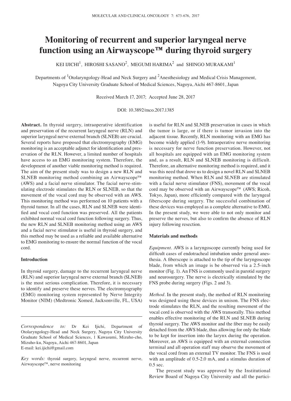 Monitoring of Recurrent and Superior Laryngeal Nerve Function Using an Airwayscope™ During Thyroid Surgery