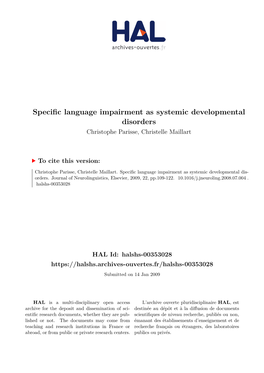 Specific Language Impairment As Systemic Developmental Disorders Christophe Parisse, Christelle Maillart