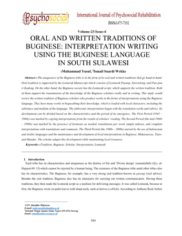 Oral and Written Traditions of Buginese: Interpretation Writing Using the Buginese Language in South Sulawesi